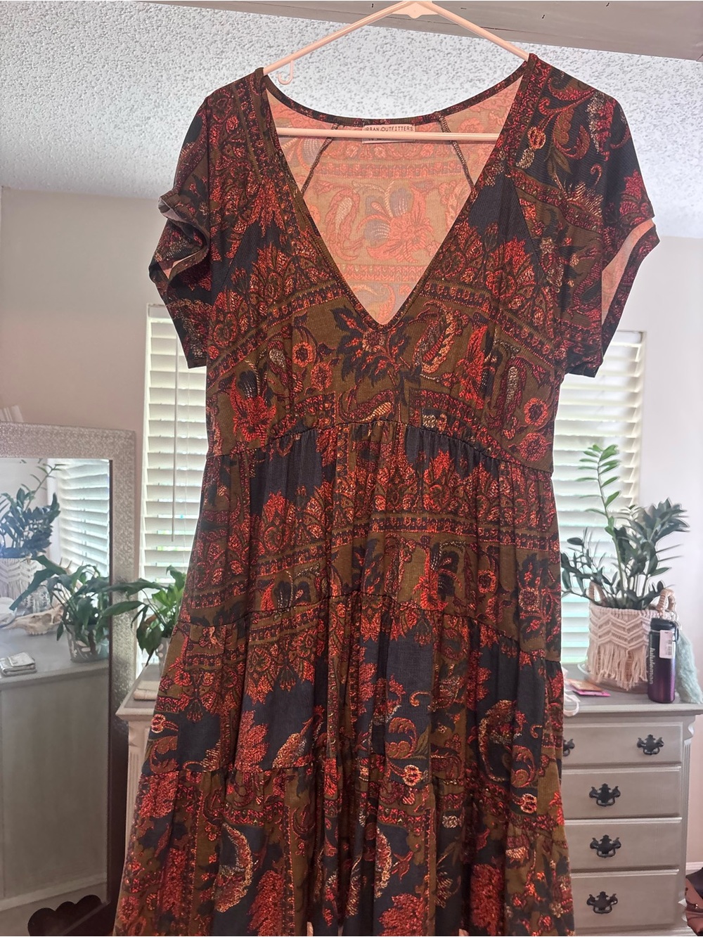 Boho V-Neck Tiered Maxi Dress in Olive & Rust - Urban outfitters